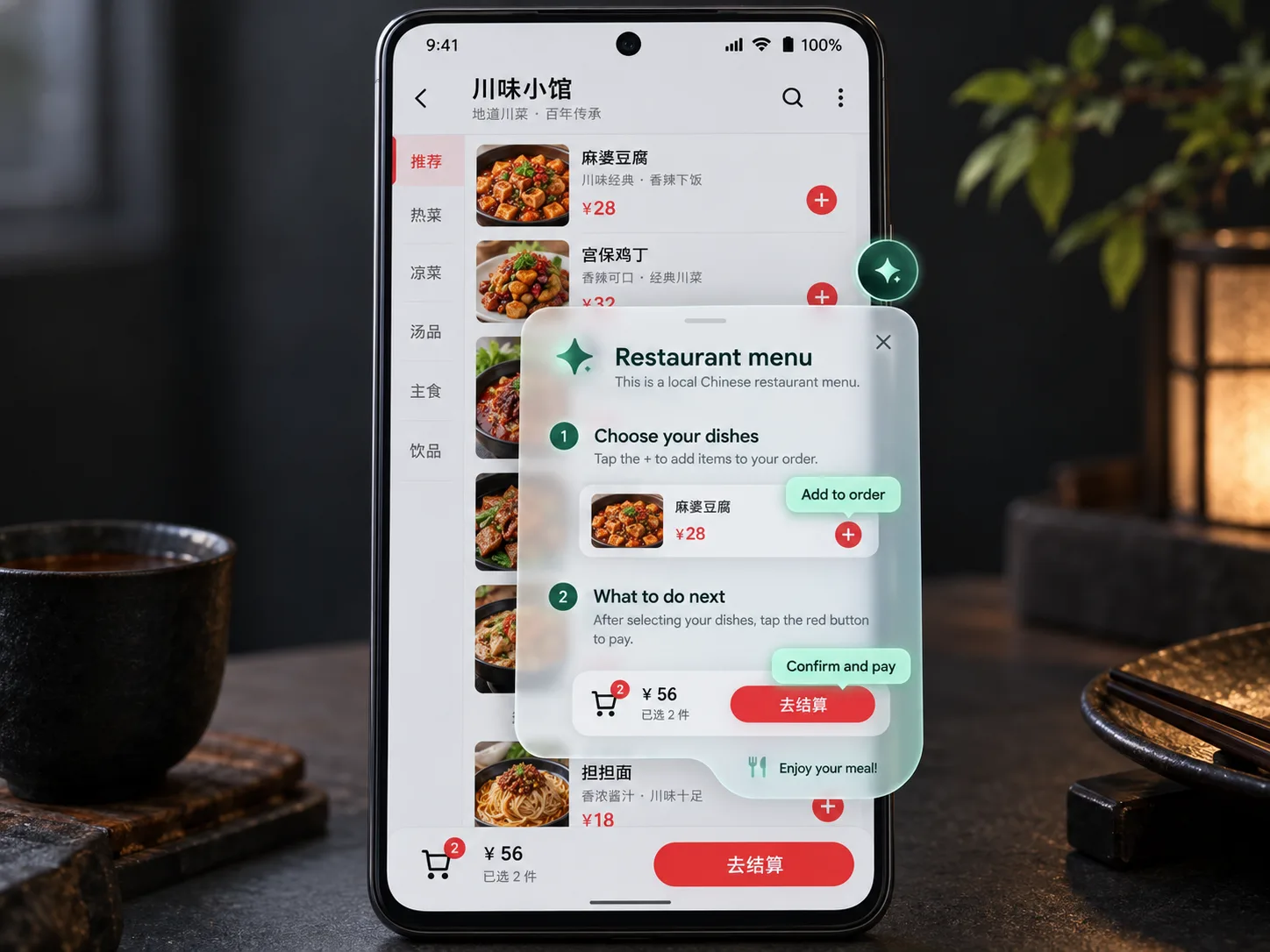 A restaurant app in Chinese remains visible beneath a translucent English translation and step-by-step guide