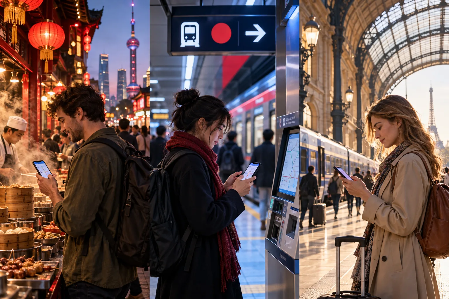 Travelers using their phones in a Shanghai food market, Tokyo station, and Paris train station